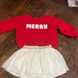 Red 'Merry' Sweatshirt and White Skirt Set